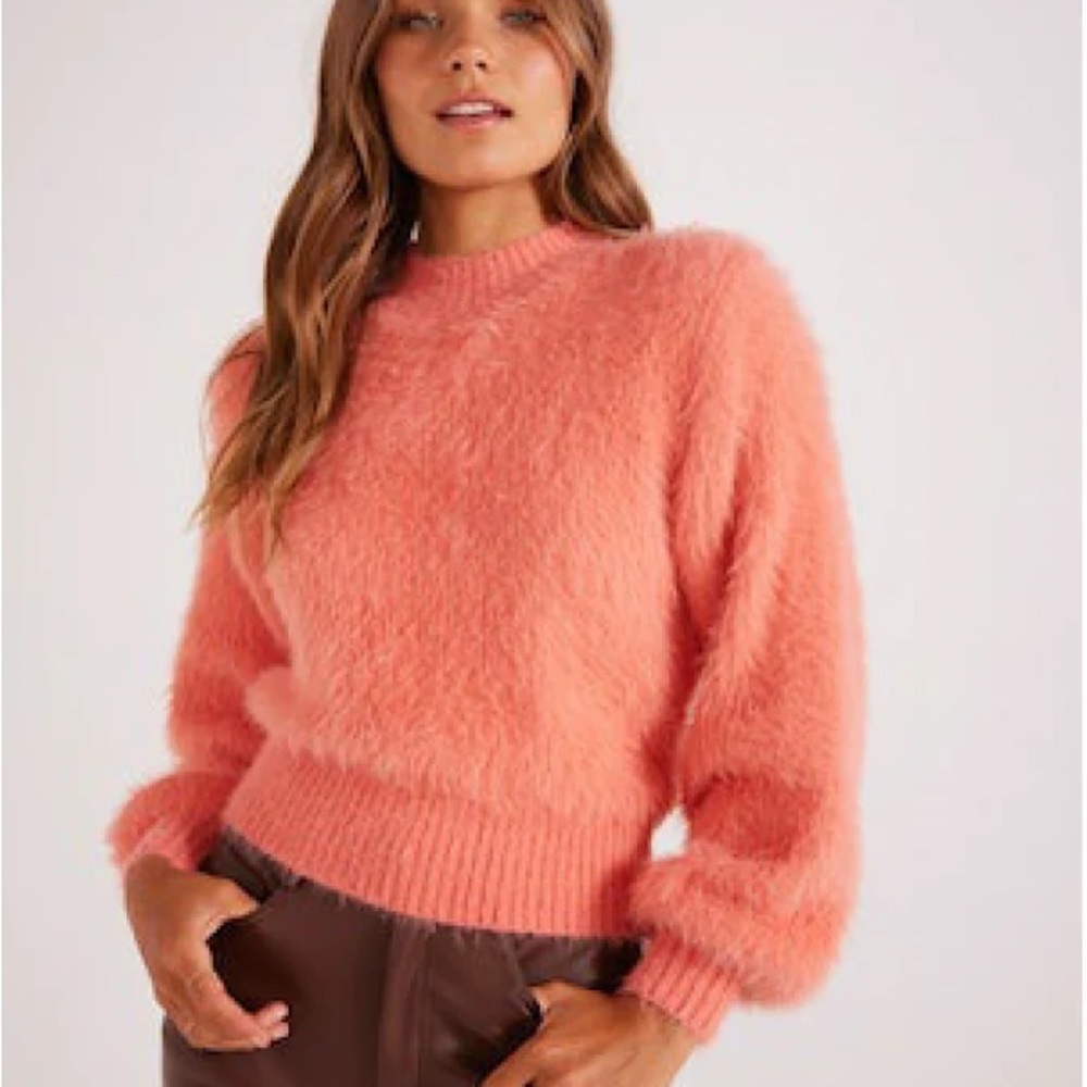 NWT MinkPink Luma Fluffy Knit Sweater Cantaloupe L Large $109